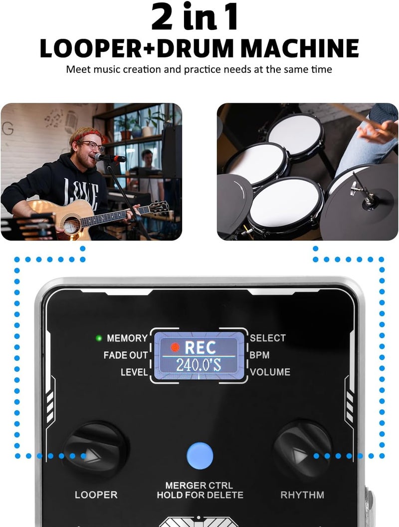 STRICH Stereo Looper Pedal Guitar Pedal with Built-in Drum Machine, 100 Diverse Drum Patterns, 160 Minutes Recording Time, USB for Audio Upload or Download, Support Footswitch Control - Image 2